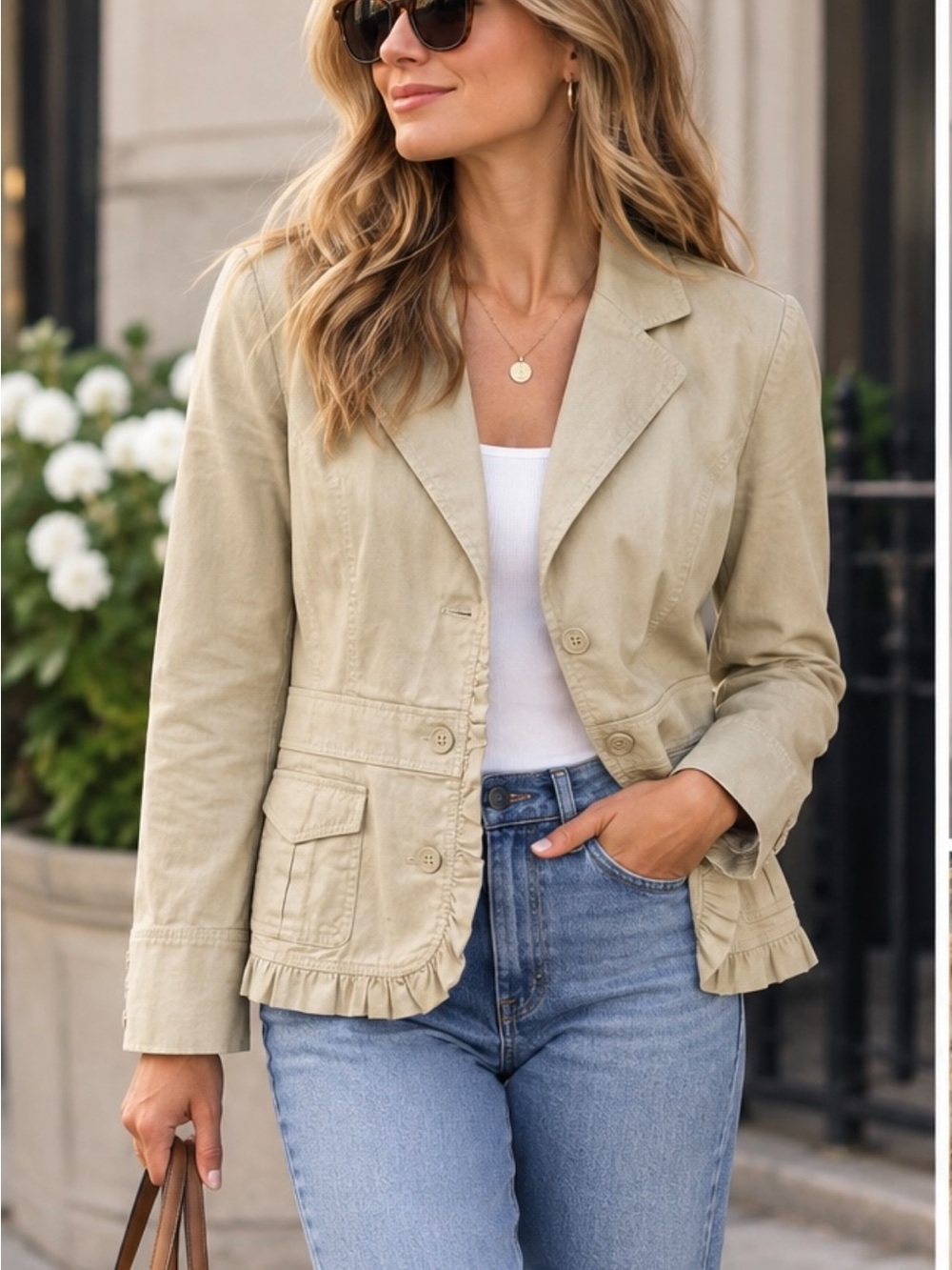 Ann Taylor LOFT Women's Beige Cotton Neutral Ruffle-Hem Blazer Jacket Size 14